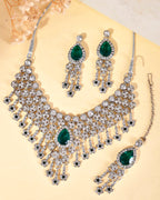 VOJ Silver Plated CZ-Stone Studded With Green Stone Choker Set With Mangtikka | Grocsy