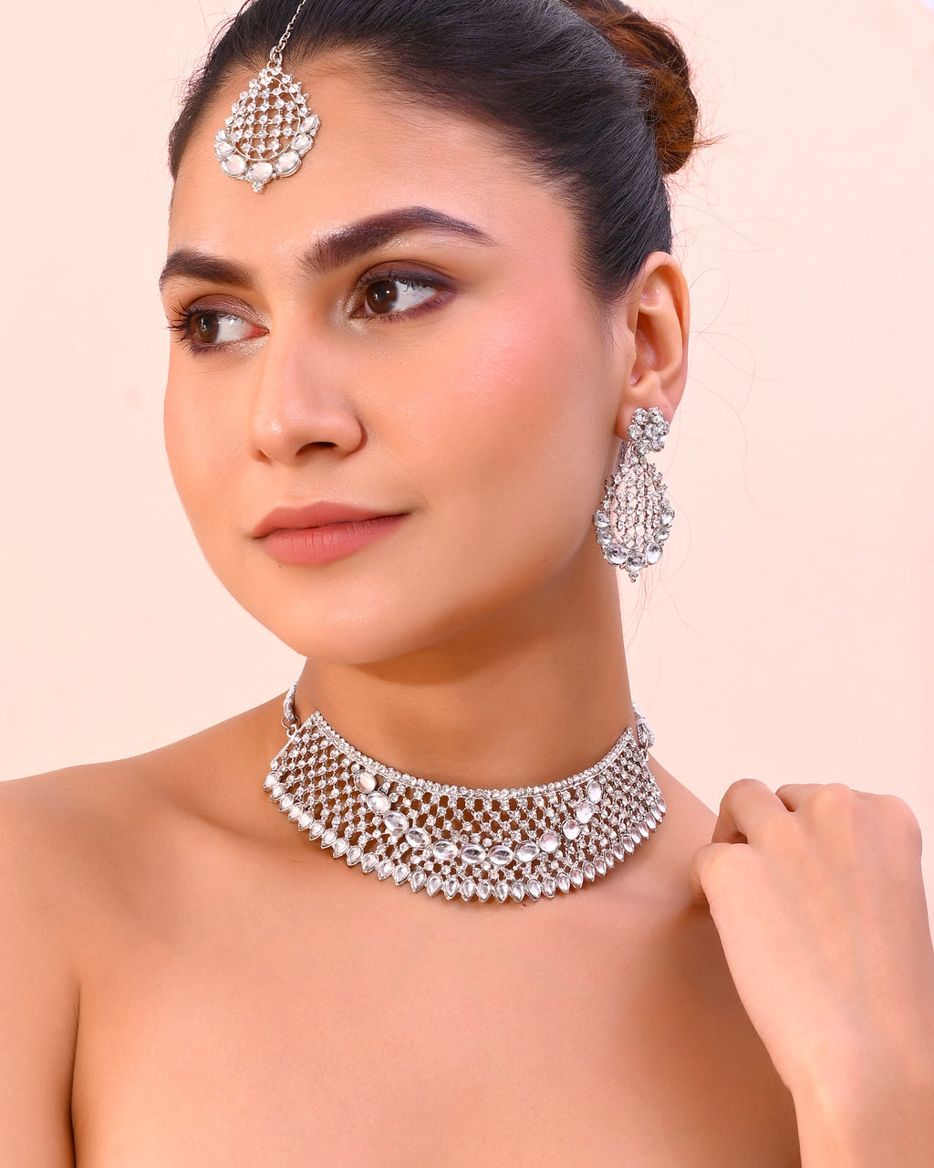 VOJ Silver Plated CZ-Stone Studded Choker Set With Mangtikka | Grocsy