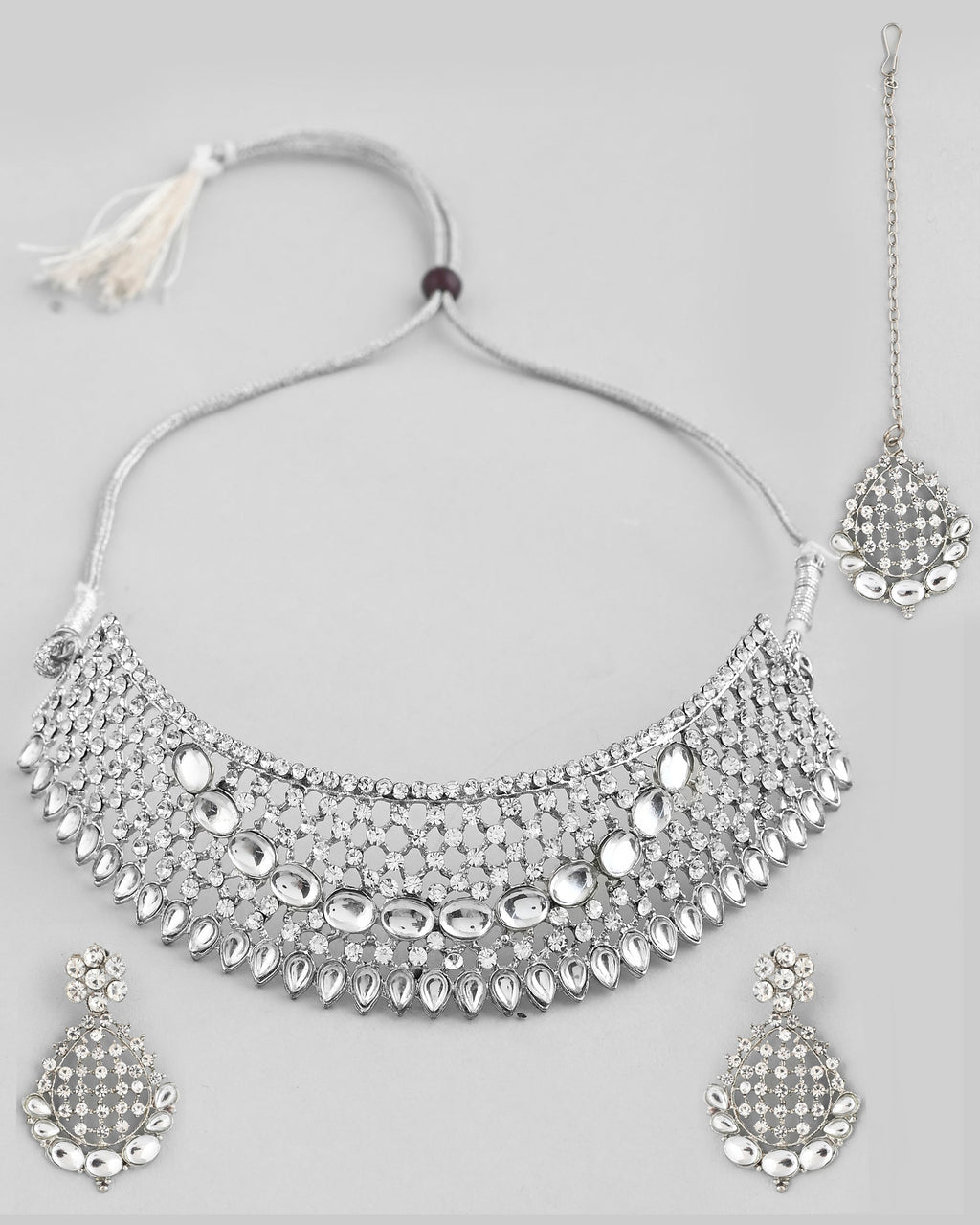 VOJ Silver Plated CZ-Stone Studded Choker Set With Mangtikka | Grocsy