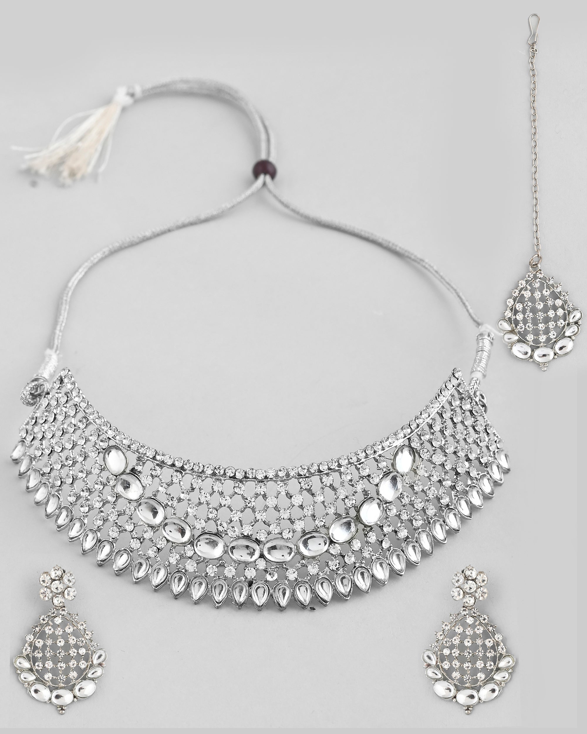 VOJ Silver Plated CZ-Stone Studded Choker Set With Mangtikka | Grocsy