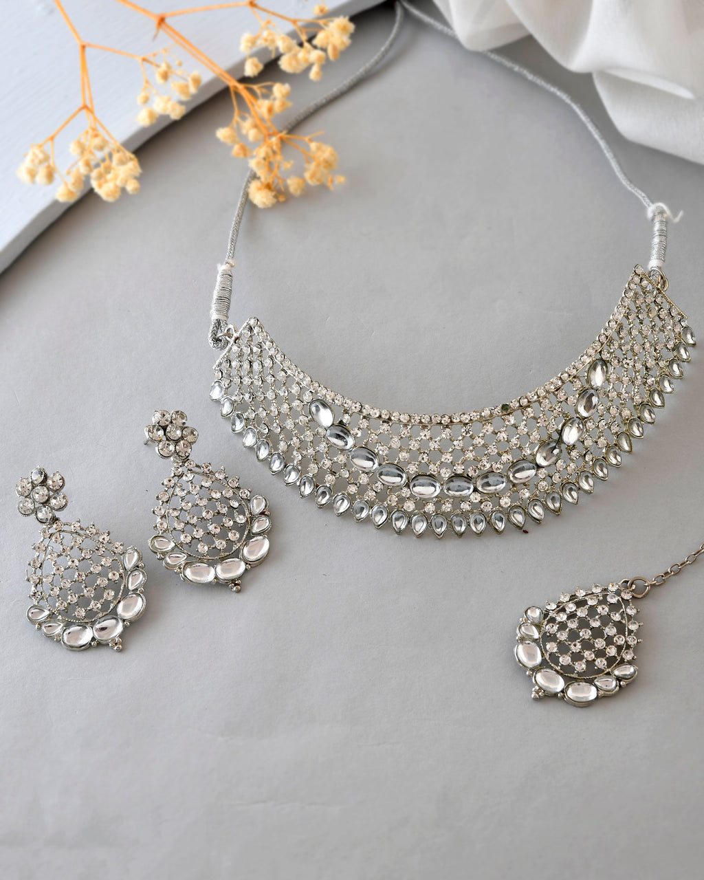 VOJ Silver Plated CZ-Stone Studded Choker Set With Mangtikka | Grocsy