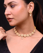 VOJ Gold-Polished Pearl Studded Floral Necklace And Earrings | Grocsy
