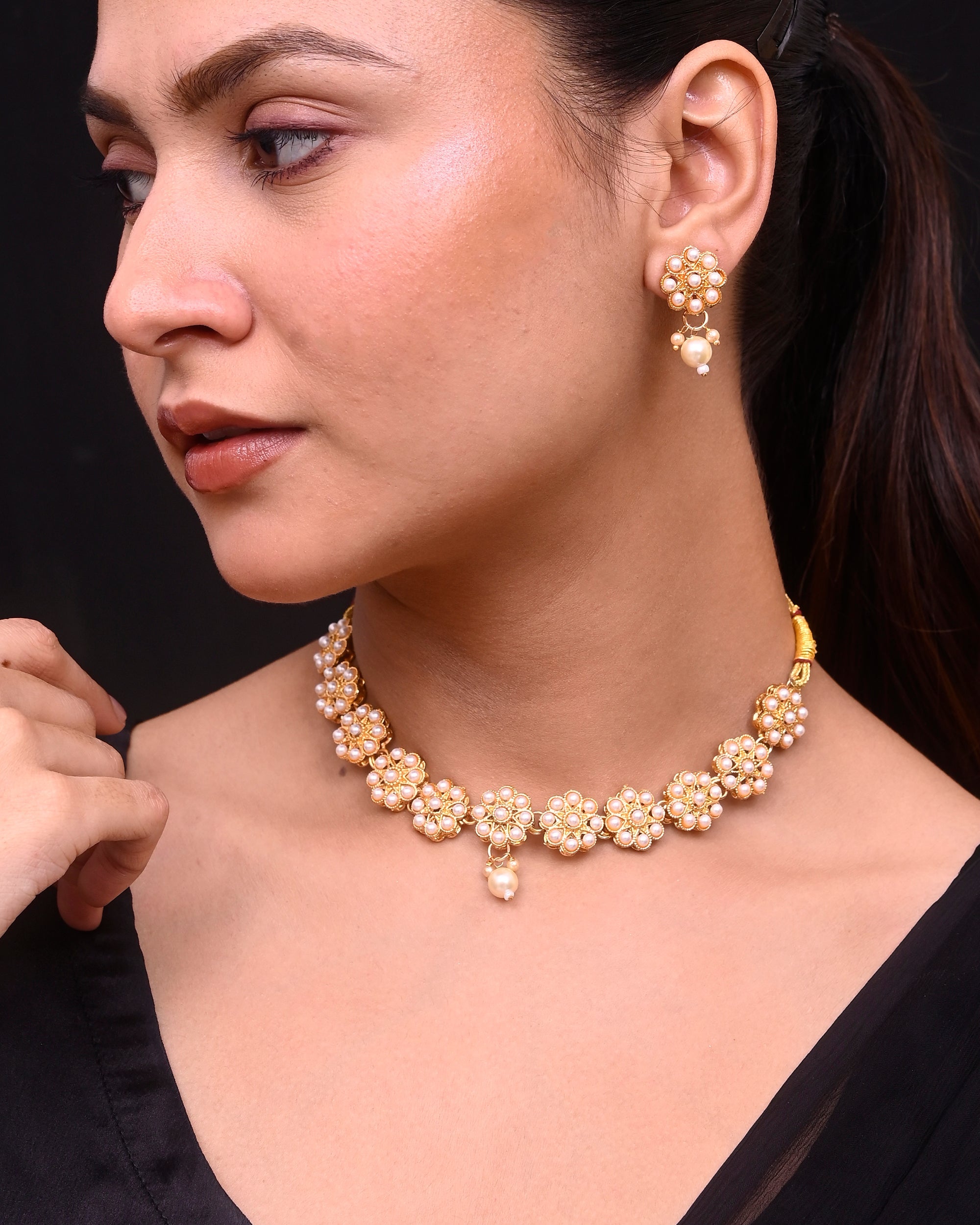 VOJ Gold-Polished Pearl Studded Floral Necklace And Earrings | Grocsy