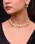 VOJ Gold-Polished Pearl Studded Floral Necklace And Earrings | Grocsy