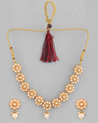 VOJ Gold-Polished Pearl Studded Floral Necklace And Earrings | Grocsy