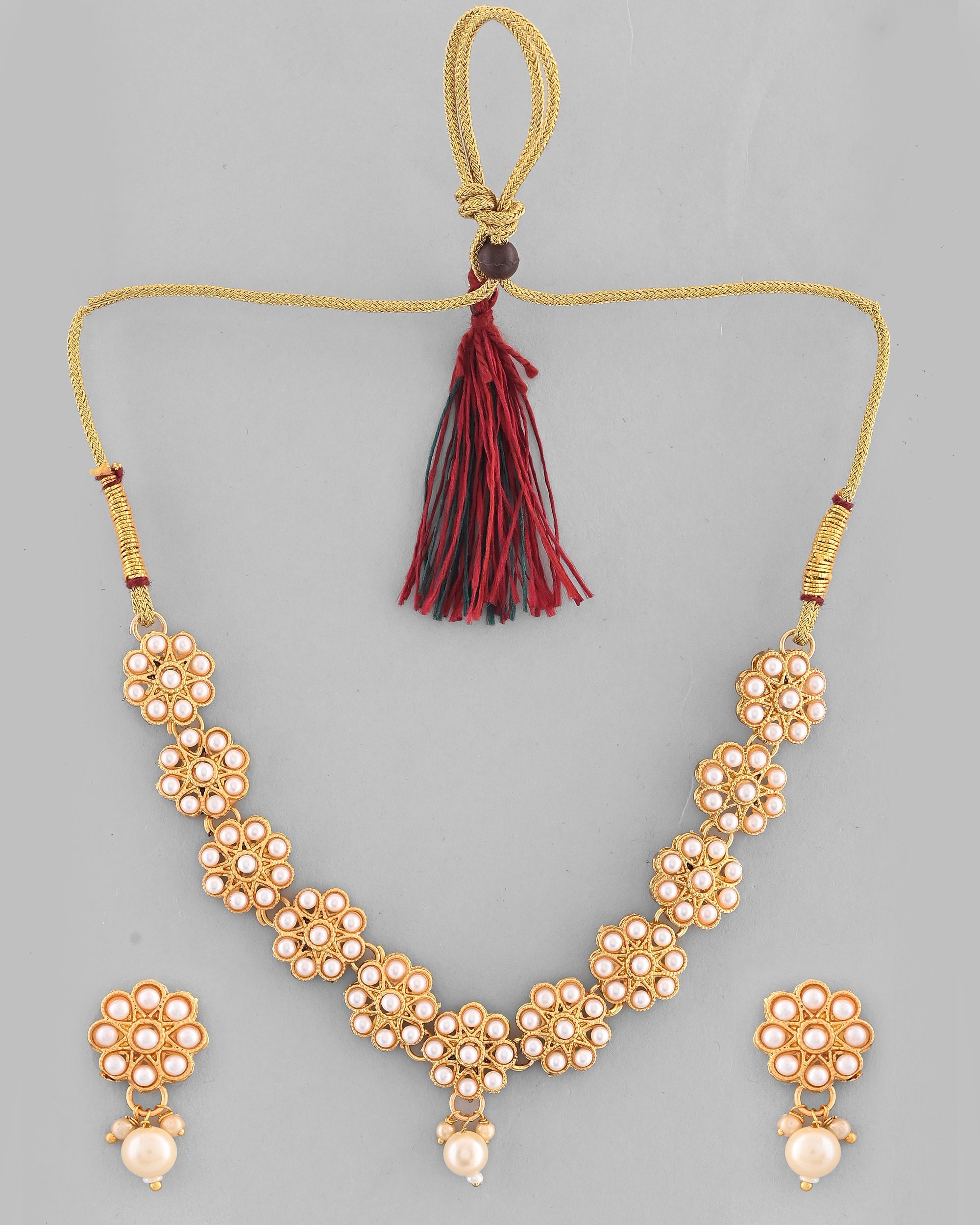 VOJ Gold-Polished Pearl Studded Floral Necklace And Earrings | Grocsy