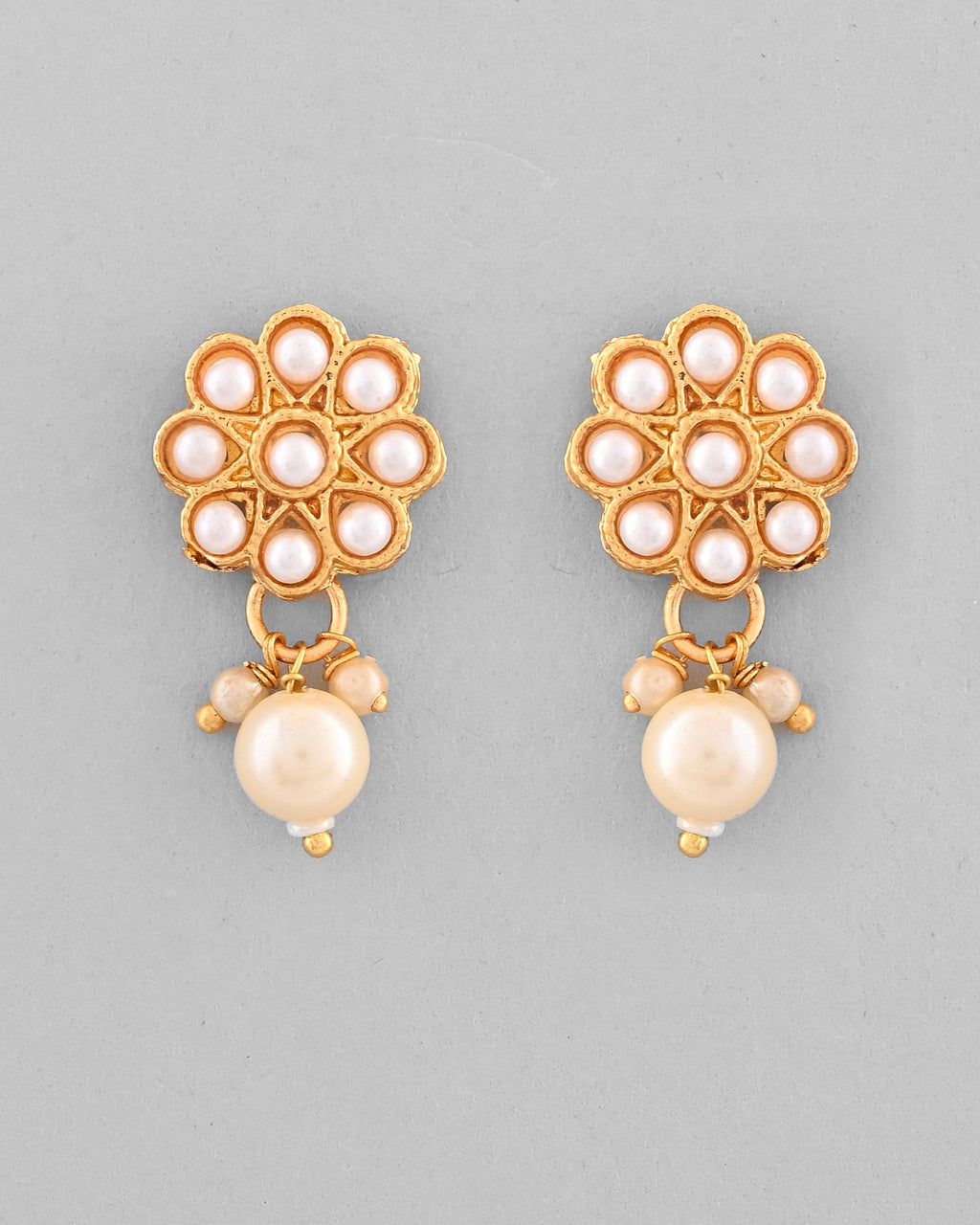 VOJ Gold-Polished Pearl Studded Floral Necklace And Earrings | Grocsy