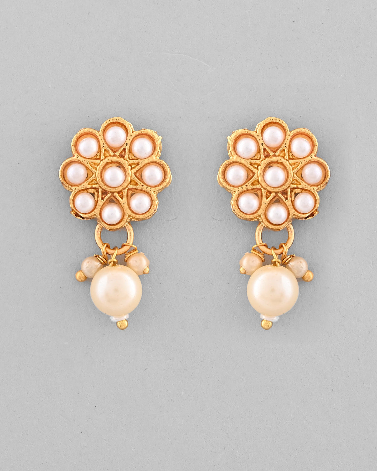 VOJ Gold-Polished Pearl Studded Floral Necklace And Earrings | Grocsy