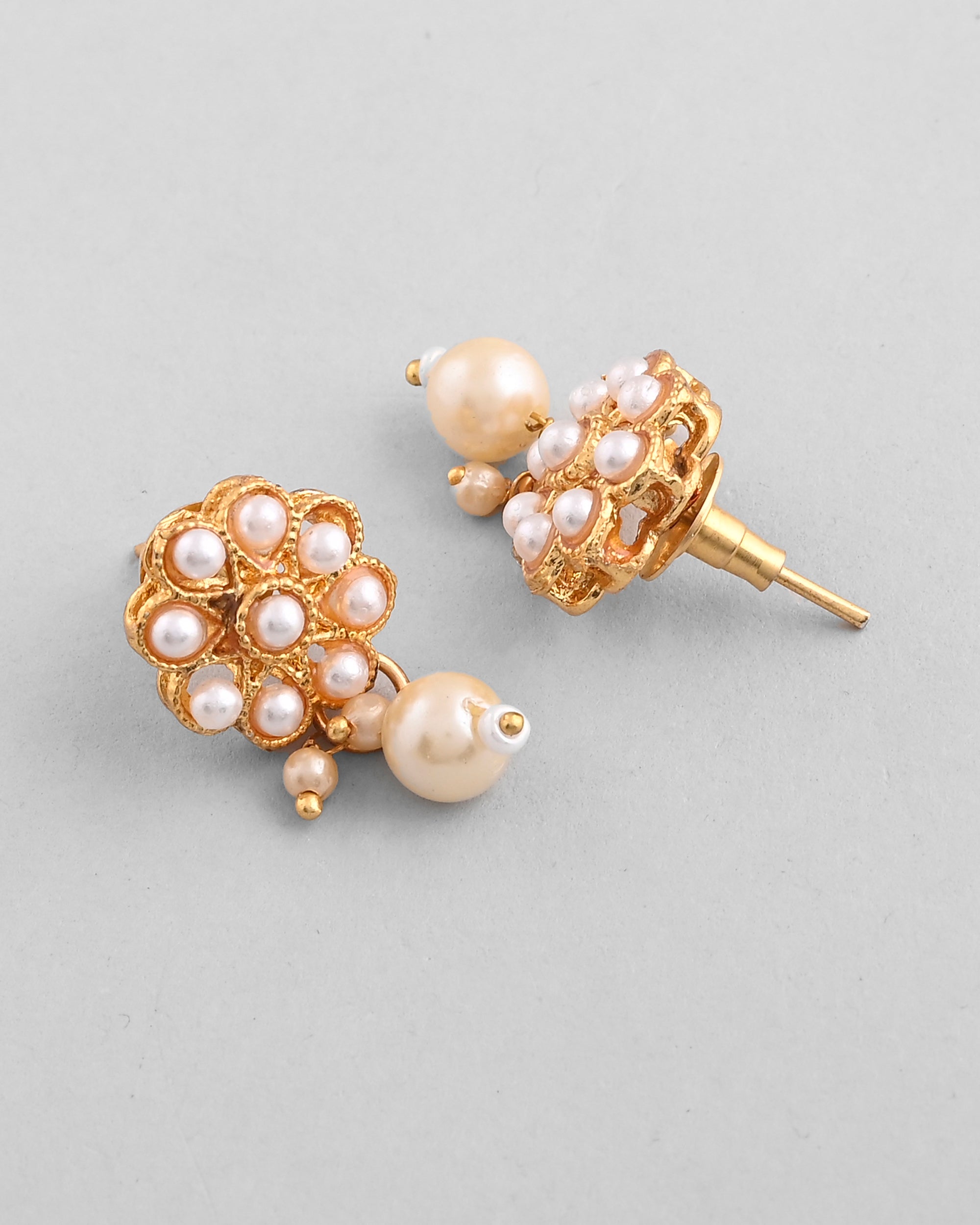 VOJ Gold-Polished Pearl Studded Floral Necklace And Earrings | Grocsy