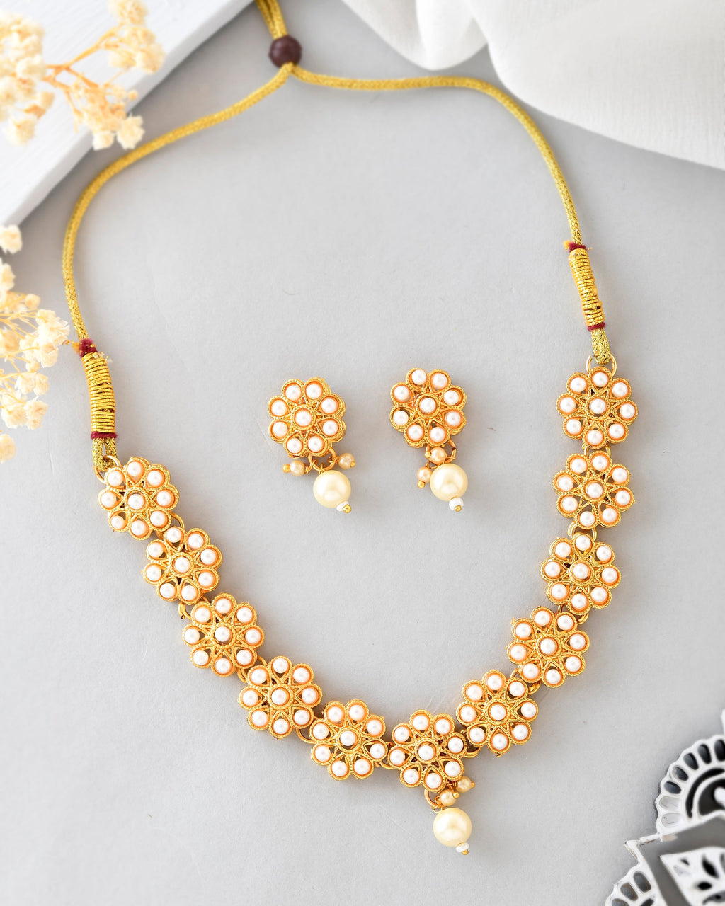 VOJ Gold-Polished Pearl Studded Floral Necklace And Earrings | Grocsy