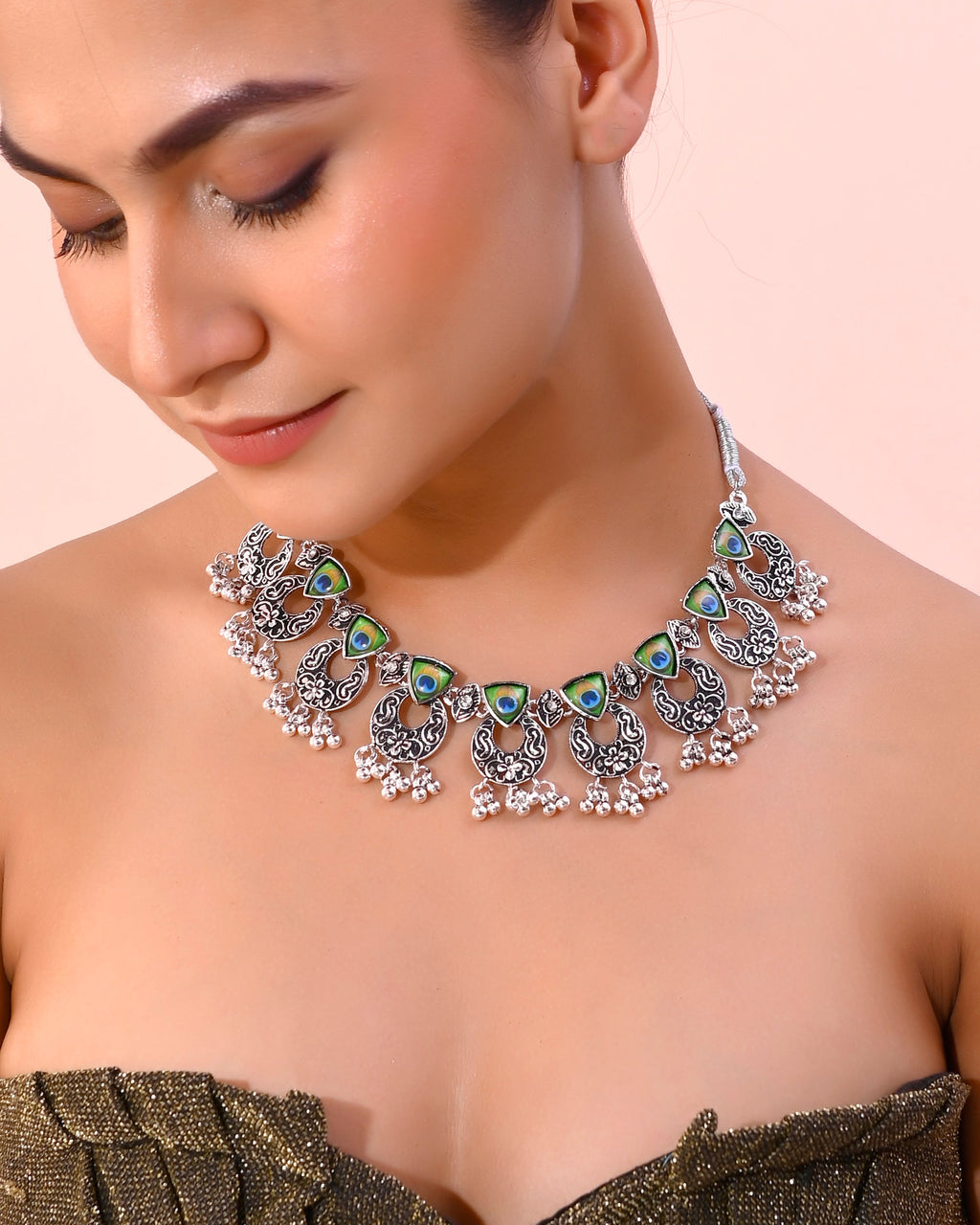 VOJ Silver Plated Peacock Contemporary Choker And Earrings | Grocsy
