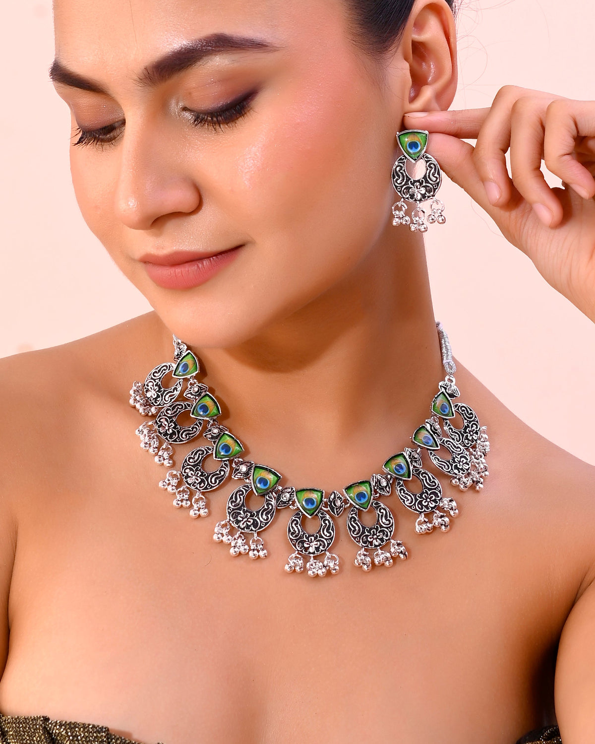 VOJ Silver Plated Peacock Contemporary Choker And Earrings | Grocsy