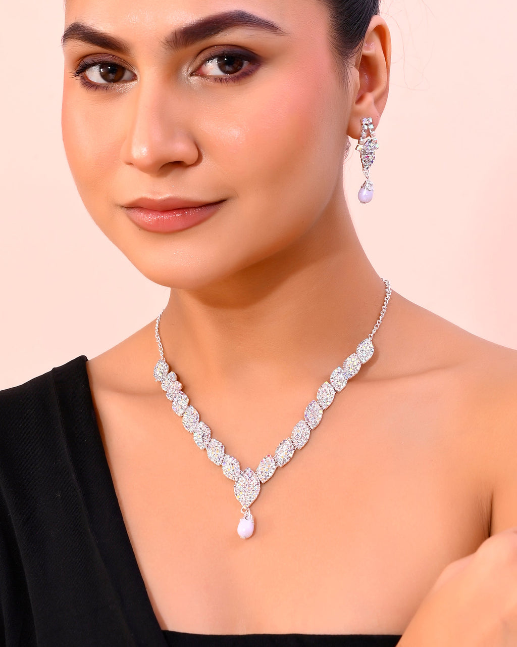 VOJ Silver Plated CZ-Stone Studded With Pearl Jewellery Set | Grocsy