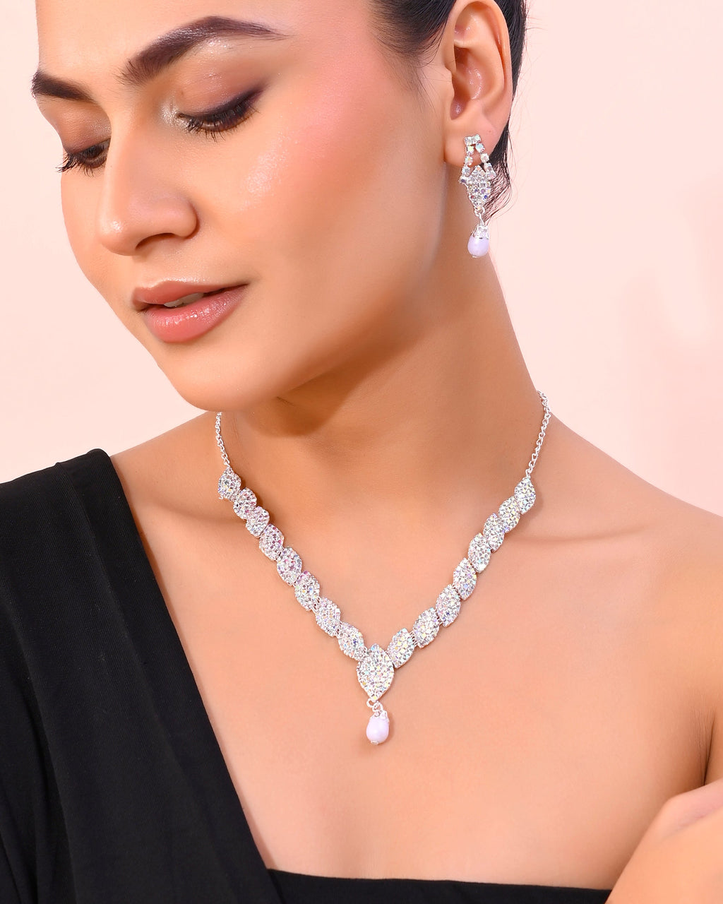 VOJ Silver Plated CZ-Stone Studded With Pearl Jewellery Set | Grocsy