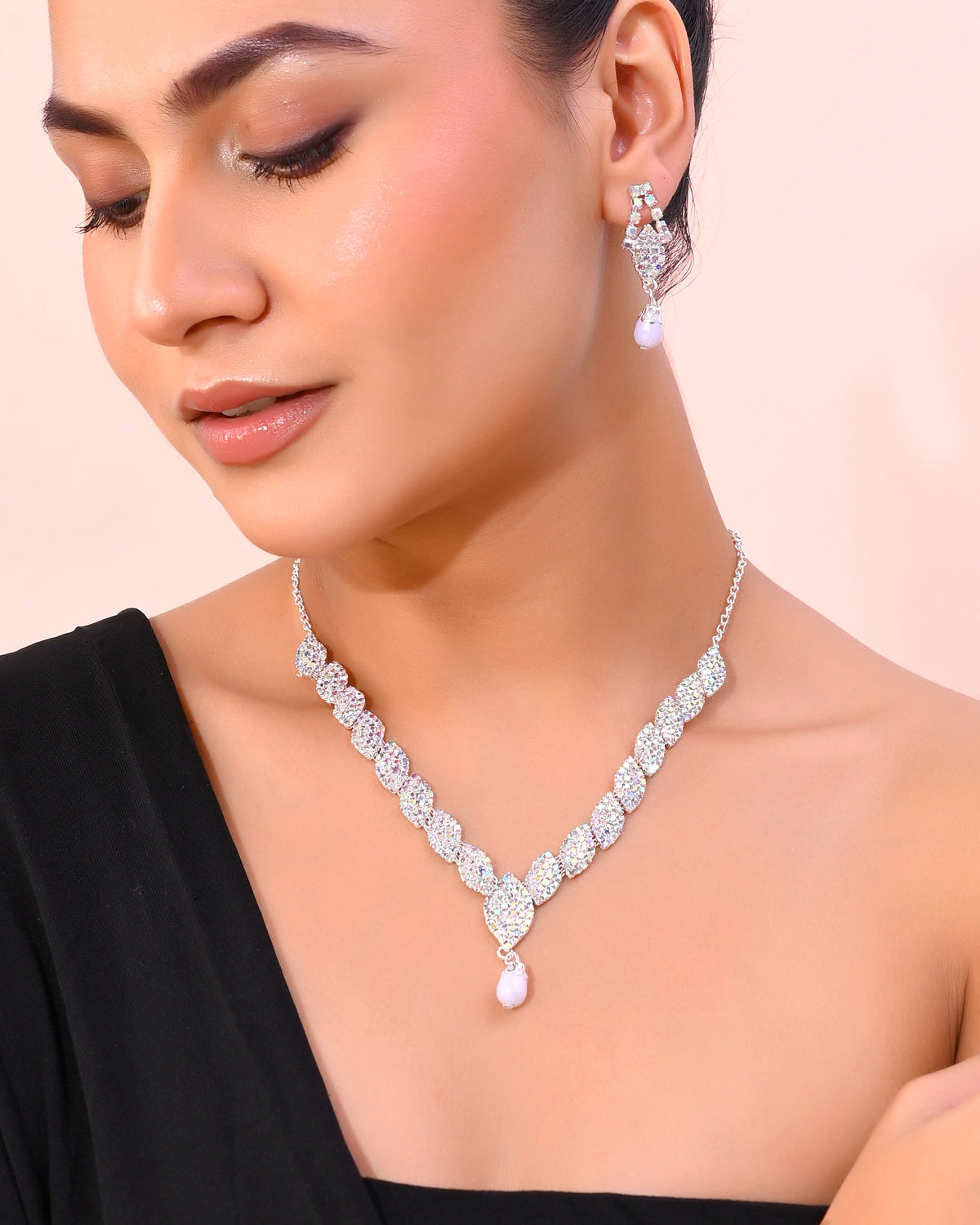 VOJ Silver Plated CZ-Stone Studded With Pearl Jewellery Set | Grocsy