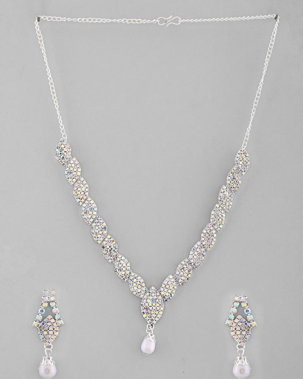 VOJ Silver Plated CZ-Stone Studded With Pearl Jewellery Set | Grocsy