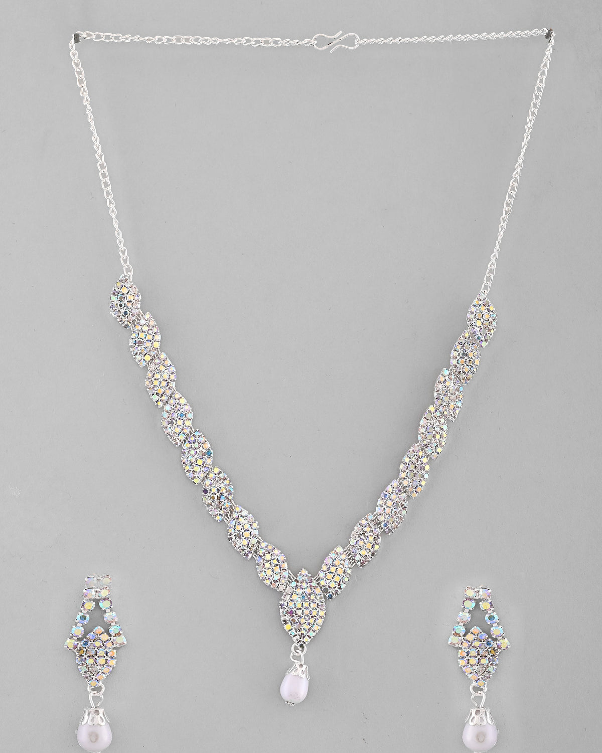 VOJ Silver Plated CZ-Stone Studded With Pearl Jewellery Set | Grocsy