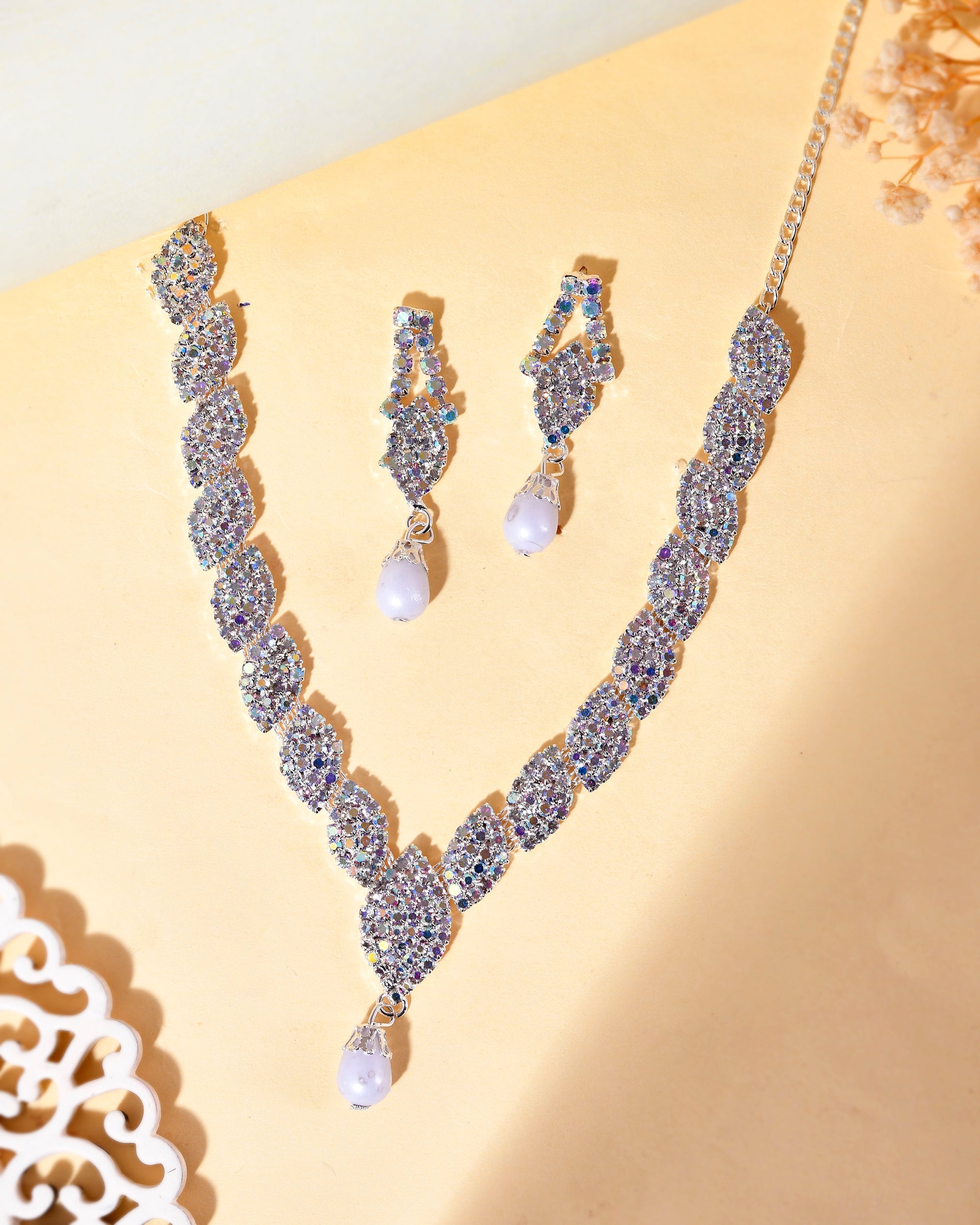 VOJ Silver Plated CZ-Stone Studded With Pearl Jewellery Set | Grocsy