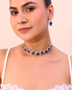 VOJ Silver Plated AD-Stone Studded With Dark Blue Stone Choker Set | Grocsy