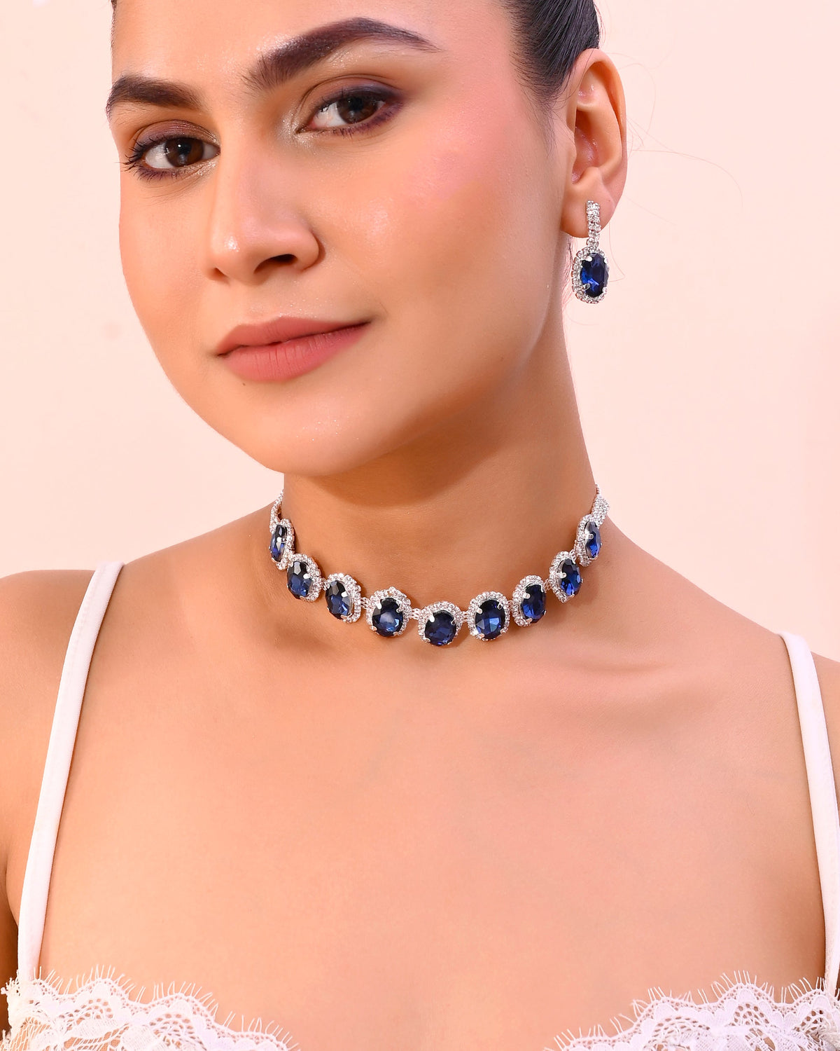 VOJ Silver Plated AD-Stone Studded With Dark Blue Stone Choker Set | Grocsy