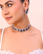 VOJ Silver Plated AD-Stone Studded With Dark Blue Stone Choker Set | Grocsy