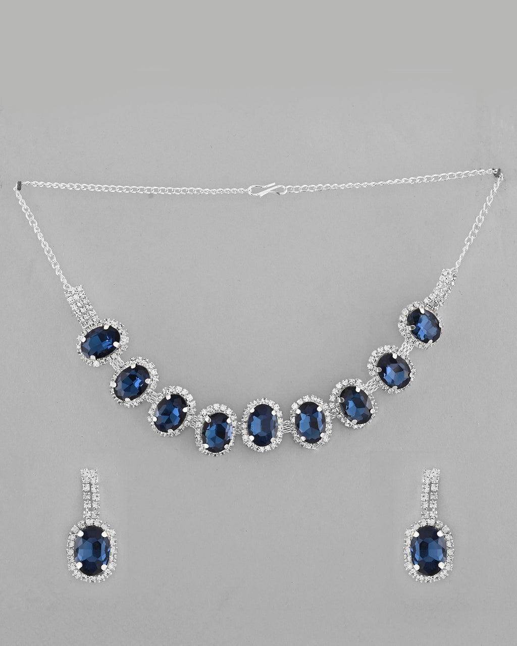 VOJ Silver Plated AD-Stone Studded With Dark Blue Stone Choker Set | Grocsy