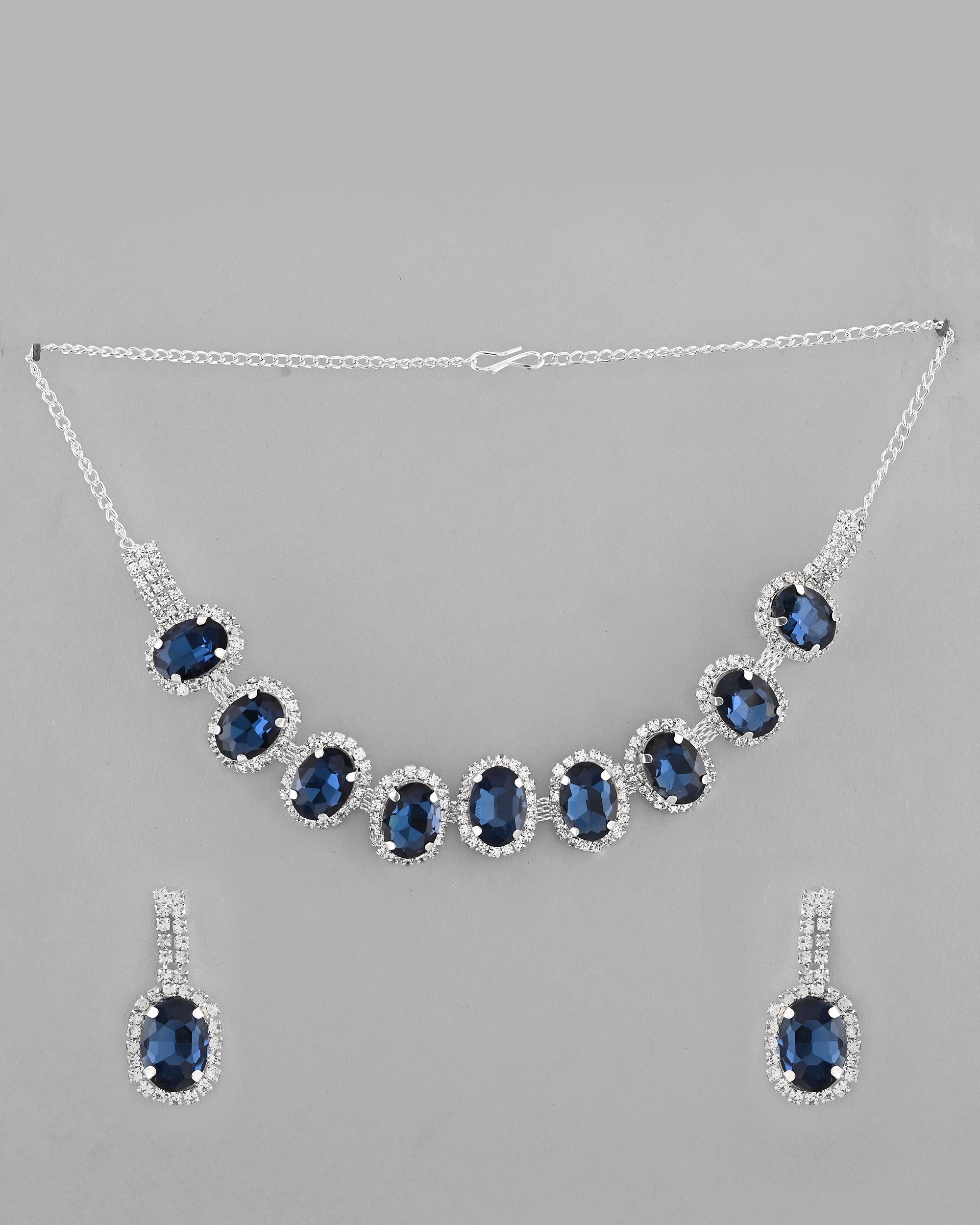 VOJ Silver Plated AD-Stone Studded With Dark Blue Stone Choker Set | Grocsy