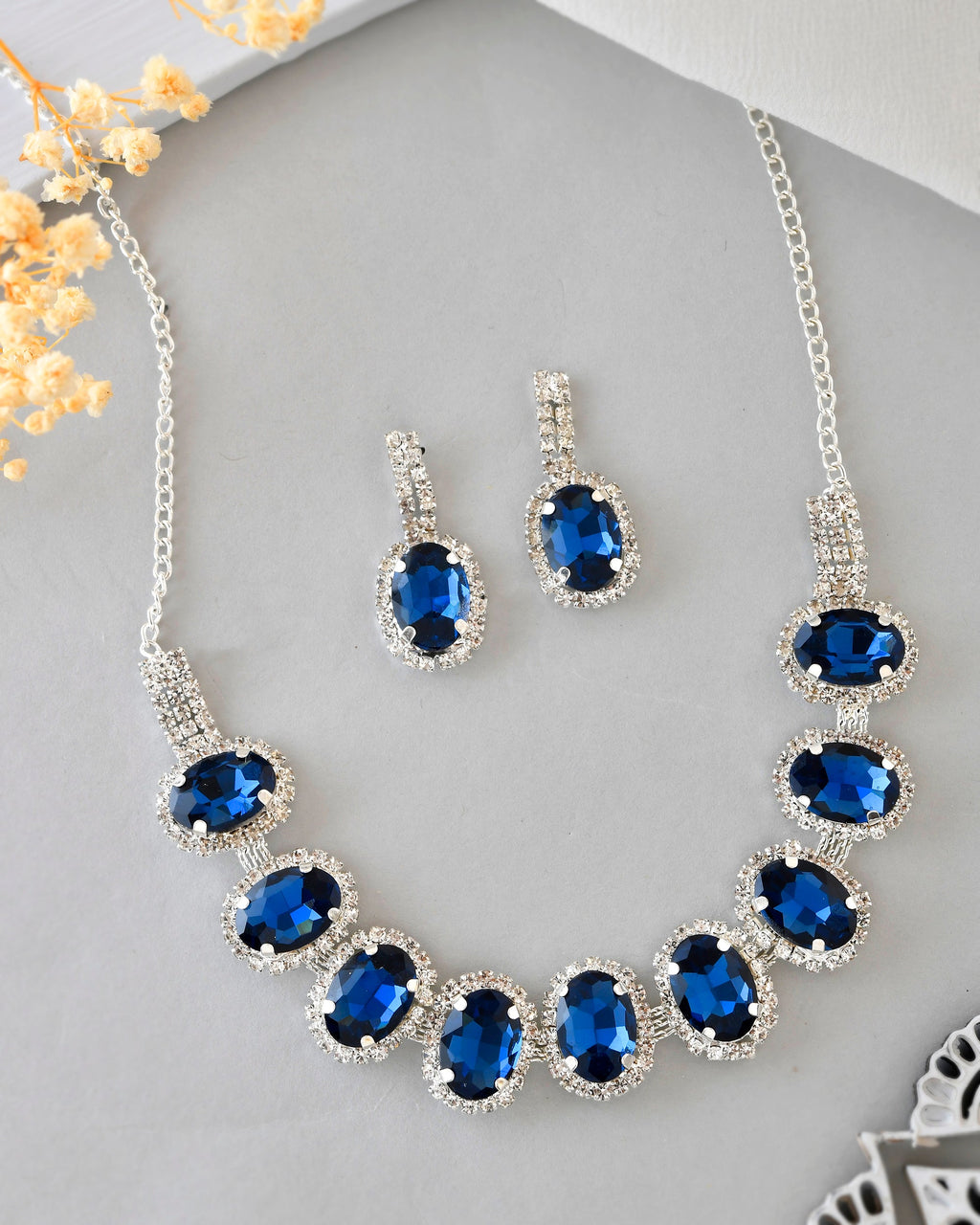 VOJ Silver Plated AD-Stone Studded With Dark Blue Stone Choker Set | Grocsy