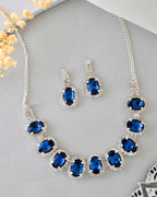 VOJ Silver Plated AD-Stone Studded With Dark Blue Stone Choker Set | Grocsy