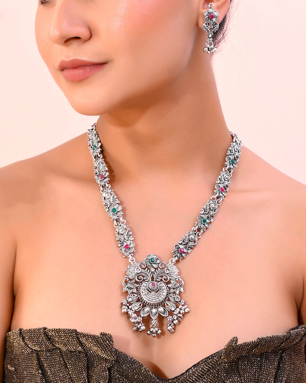 VOJ Silver Plated Stone Studded Oxidized Long Necklace And Earrings | Grocsy