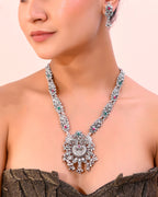 VOJ Silver Plated Stone Studded Oxidized Long Necklace And Earrings | Grocsy