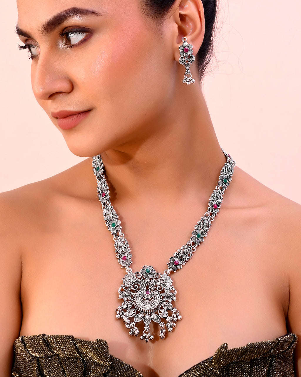 VOJ Silver Plated Stone Studded Oxidized Long Necklace And Earrings | Grocsy