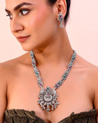 VOJ Silver Plated Stone Studded Oxidized Long Necklace And Earrings | Grocsy