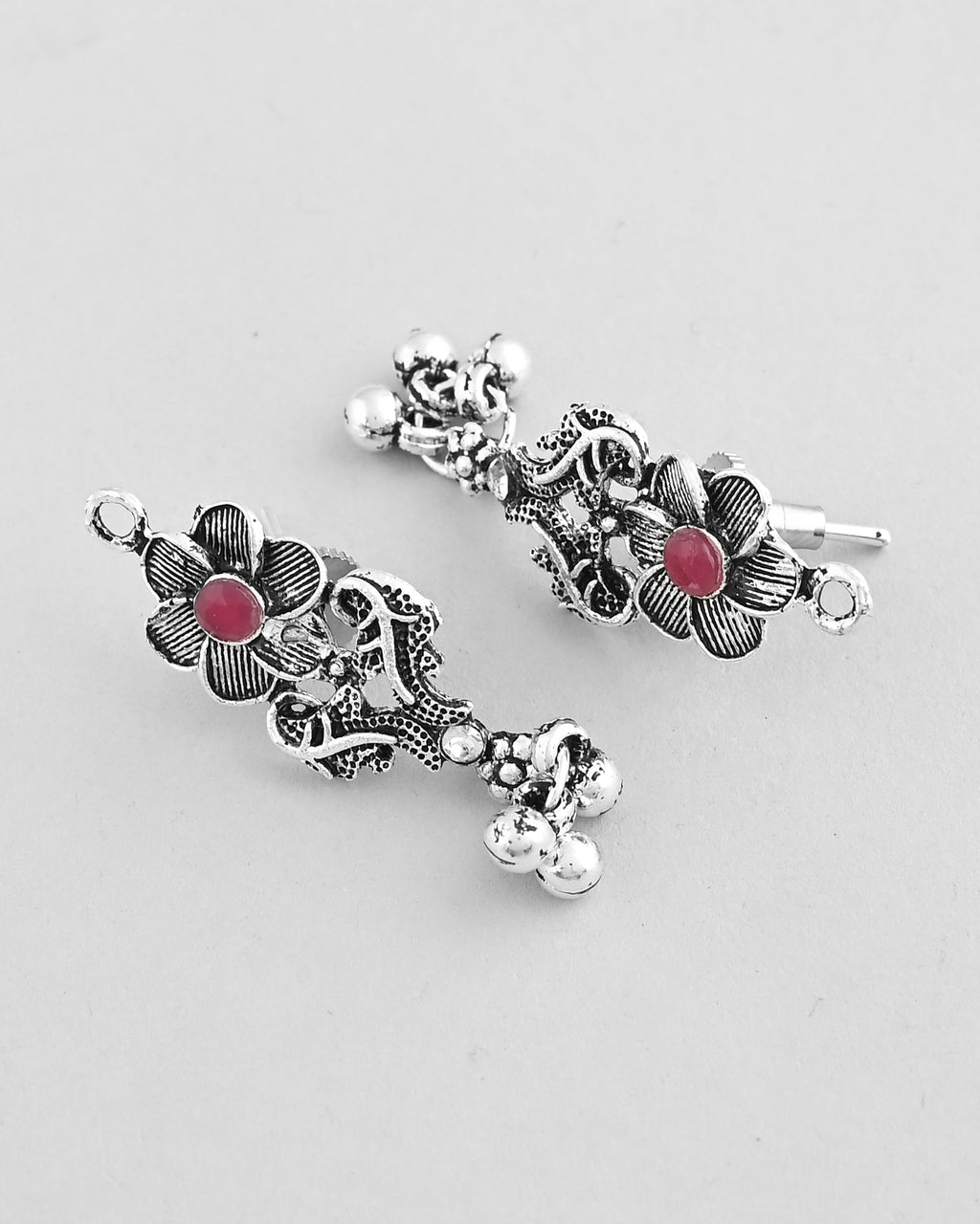 VOJ Silver Plated Stone Studded Oxidized Long Necklace And Earrings | Grocsy