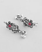 VOJ Silver Plated Stone Studded Oxidized Long Necklace And Earrings | Grocsy