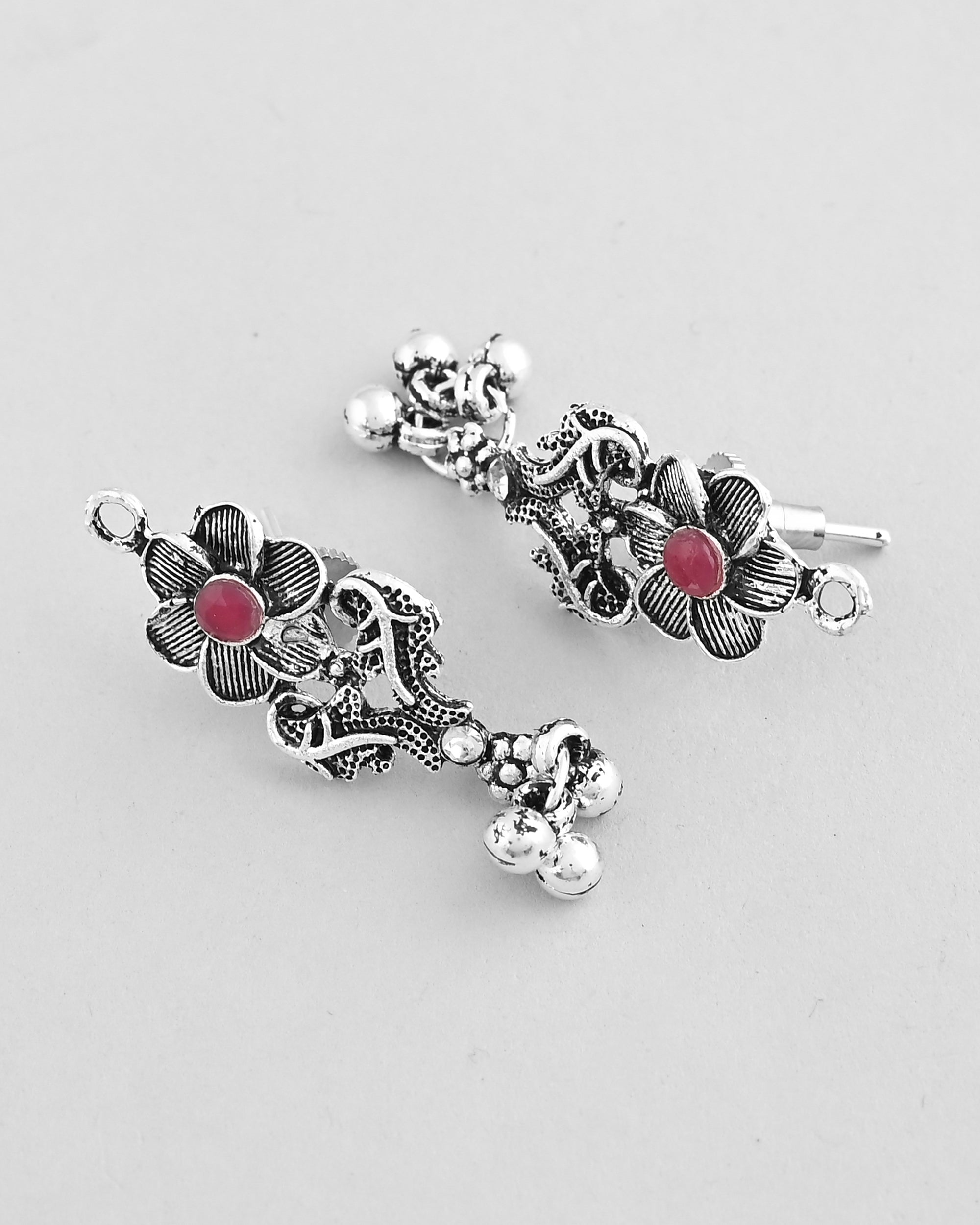 VOJ Silver Plated Stone Studded Oxidized Long Necklace And Earrings | Grocsy