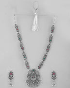 VOJ Silver Plated Stone Studded Oxidized Long Necklace And Earrings | Grocsy
