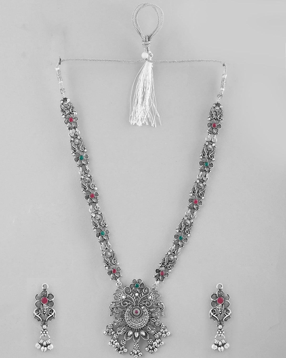 VOJ Silver Plated Stone Studded Oxidized Long Necklace And Earrings | Grocsy