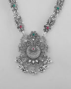 VOJ Silver Plated Stone Studded Oxidized Long Necklace And Earrings | Grocsy