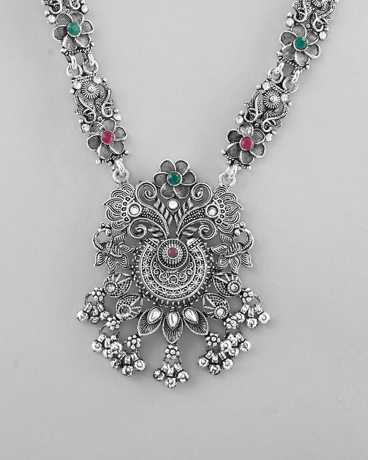 VOJ Silver Plated Stone Studded Oxidized Long Necklace And Earrings | Grocsy