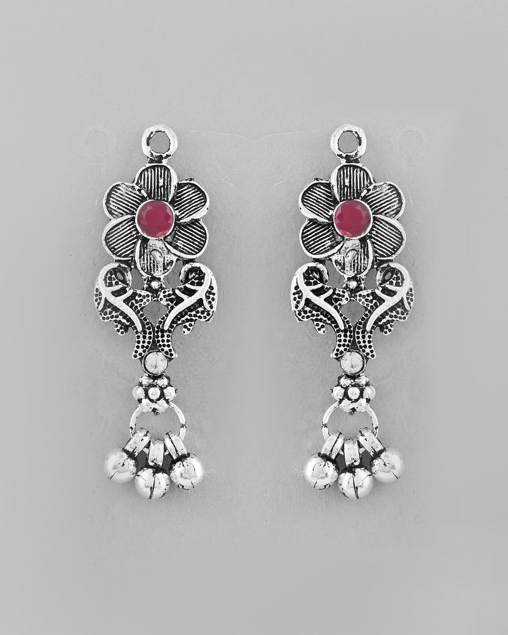 VOJ Silver Plated Stone Studded Oxidized Long Necklace And Earrings | Grocsy