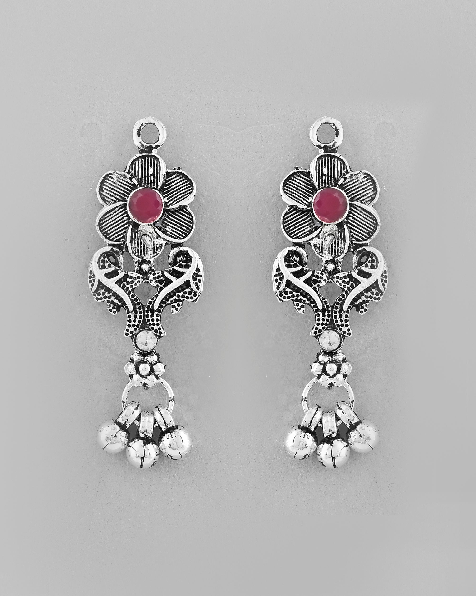 VOJ Silver Plated Stone Studded Oxidized Long Necklace And Earrings | Grocsy
