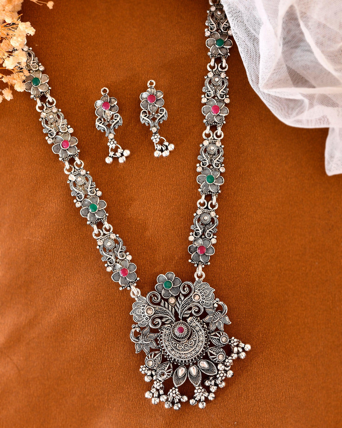 VOJ Silver Plated Stone Studded Oxidized Long Necklace And Earrings | Grocsy