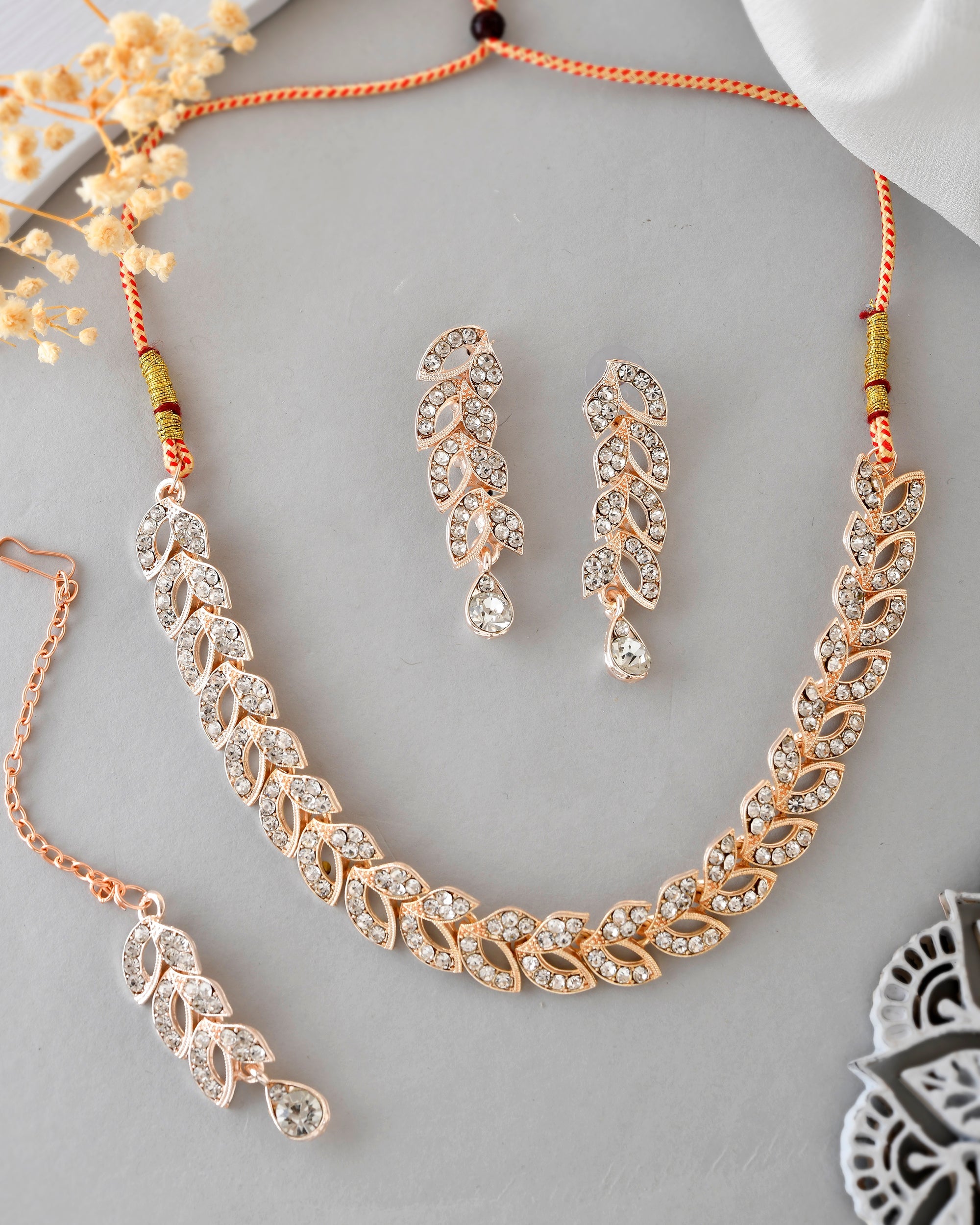 VOJ Gold-Polished CZ-Studded Jewellery Set With Mangtikka | Grocsy