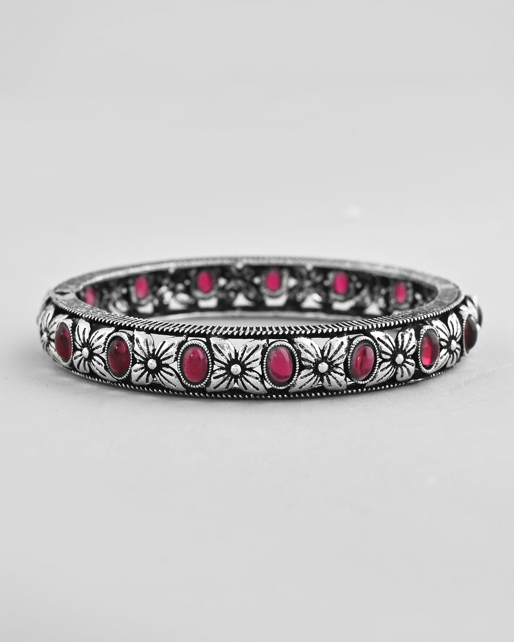 VOJ Rhodium Plated Red Stone Studded Kada Bracelet | Grocsy