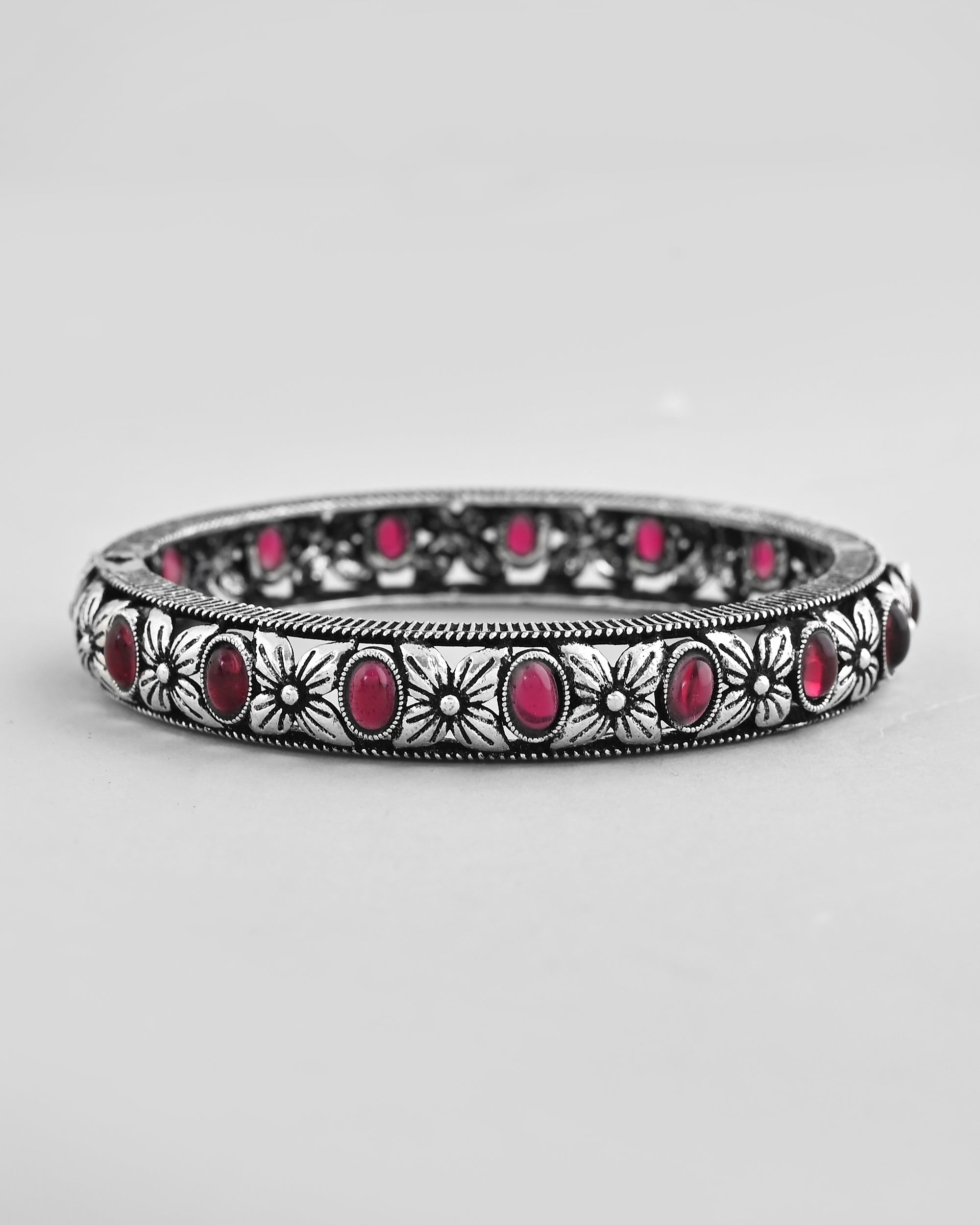 VOJ Rhodium Plated Red Stone Studded Kada Bracelet | Grocsy