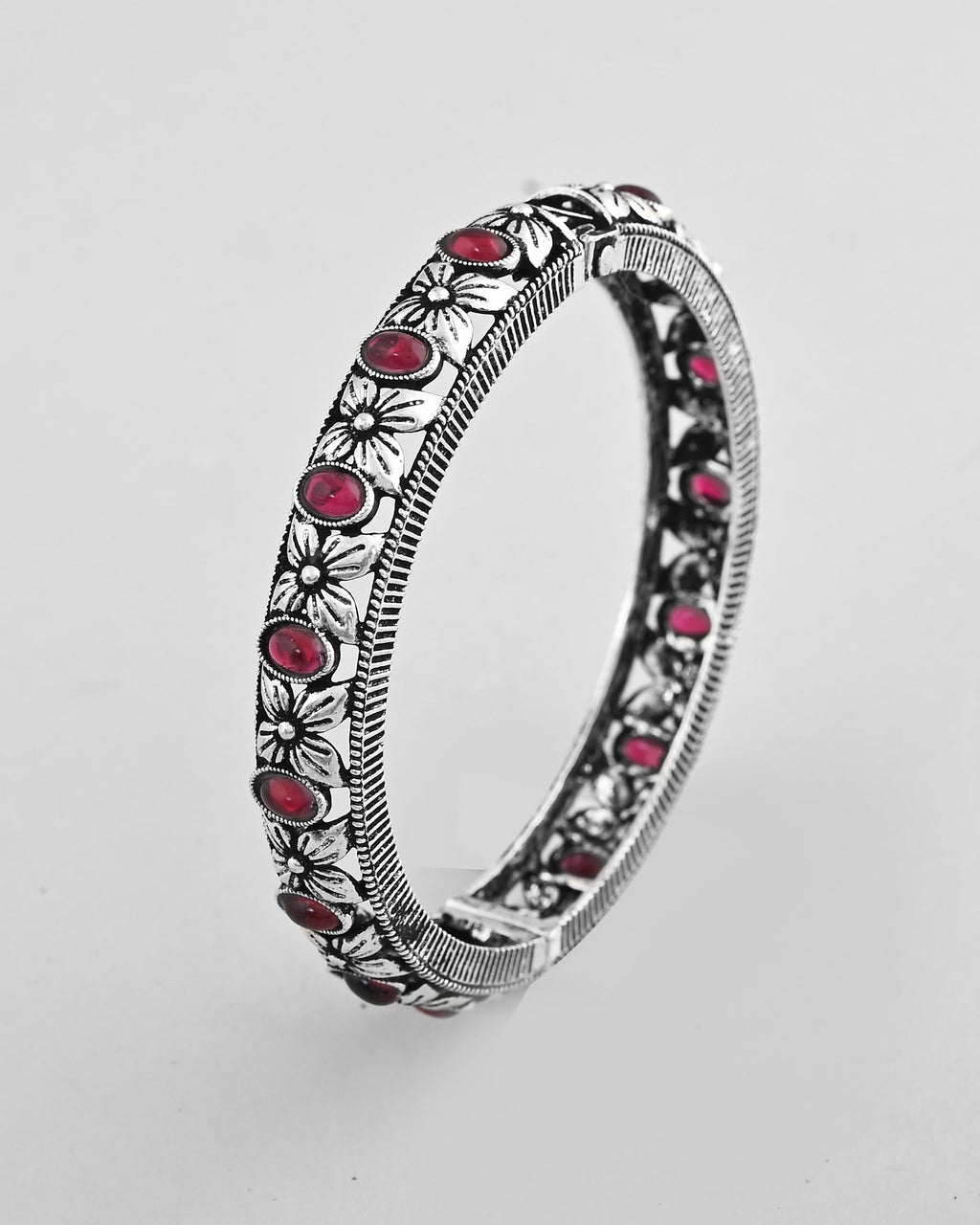 VOJ Rhodium Plated Red Stone Studded Kada Bracelet | Grocsy