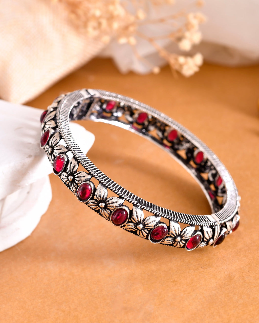 VOJ Rhodium Plated Red Stone Studded Kada Bracelet | Grocsy