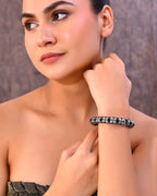 VOJ Rhodium Plated Black Stone Studded Kada Bracelet | Grocsy