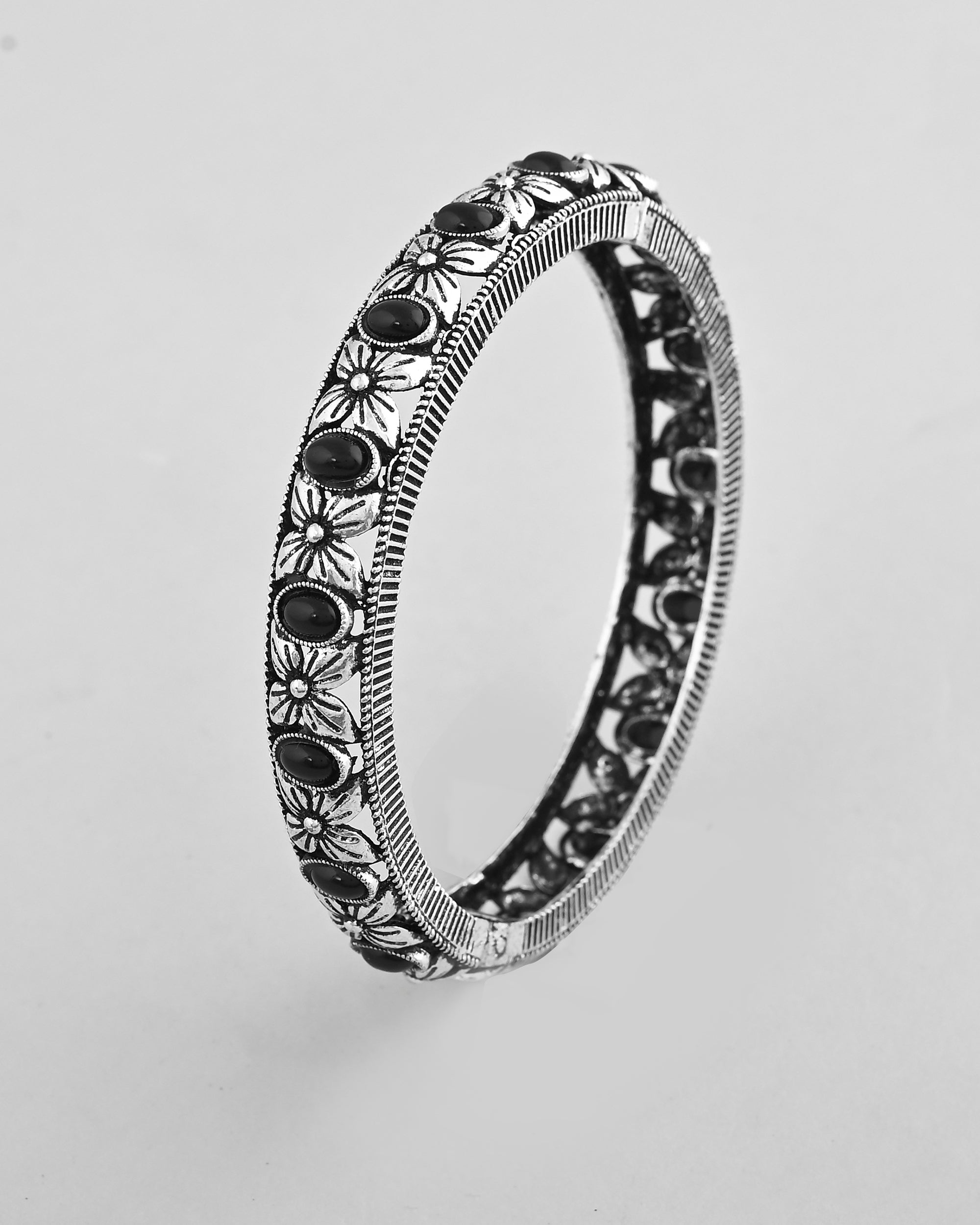 VOJ Rhodium Plated Black Stone Studded Kada Bracelet | Grocsy
